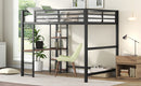 Full Size Metal Loft Bed with Built-in Desk and Storage Shelves, Black