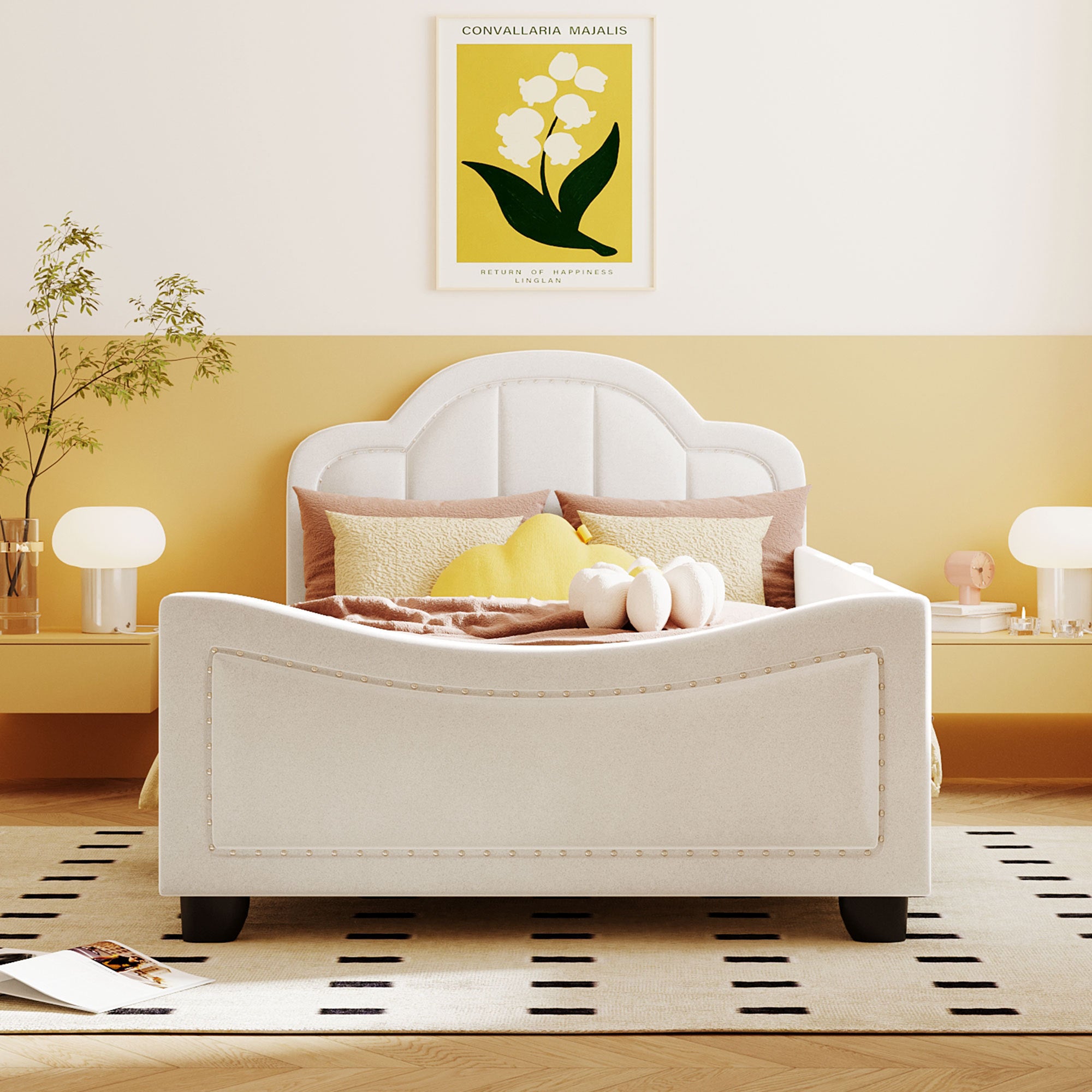 Twin Size Upholstered Daybed with Cloud Shaped Headboard, Embedded Elegant Copper Nail Design, Beige - Atlantic Fine Furniture Melbourne FL