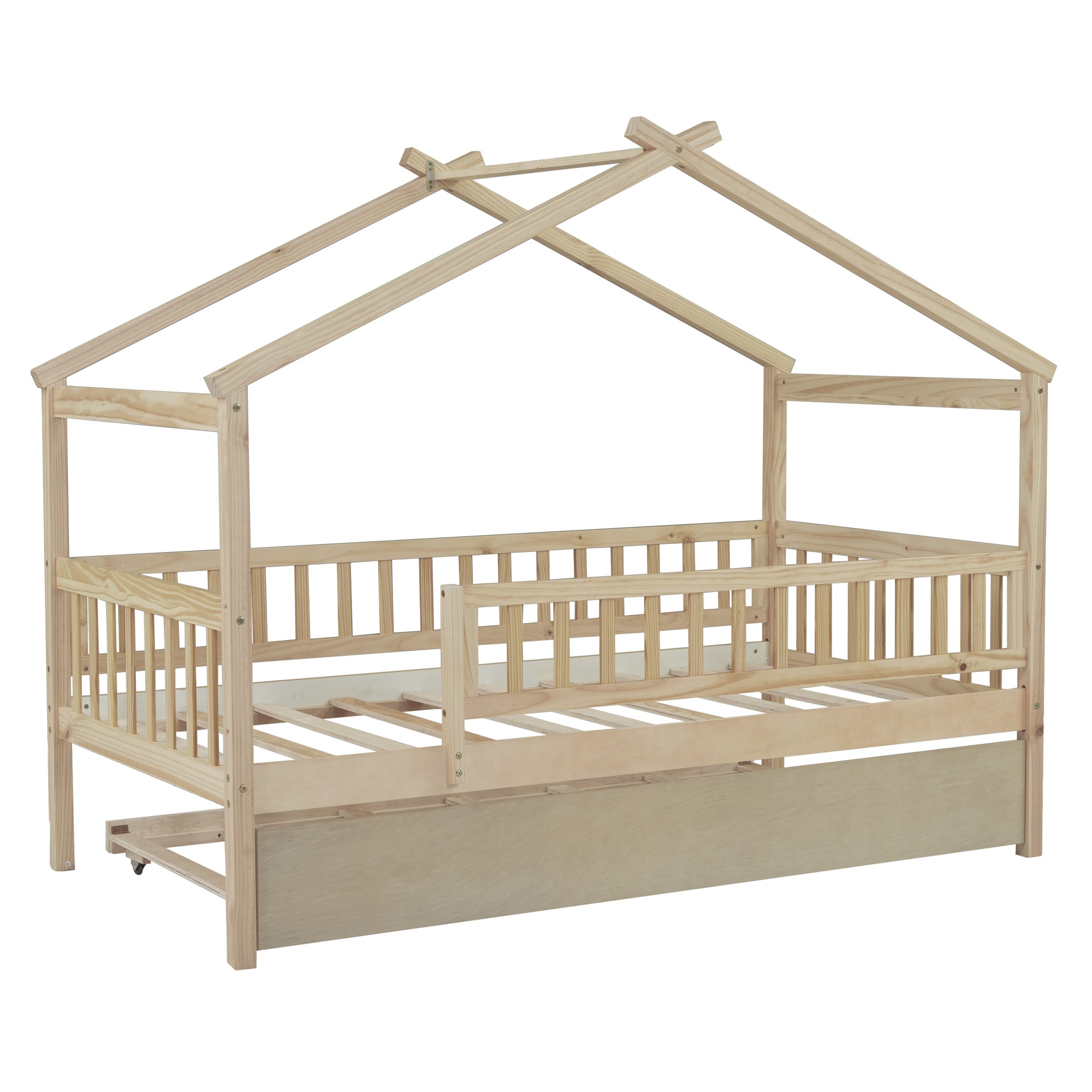 Twin Size Wooden House Bed with Twin Size Trundle, Natural - Atlantic Fine Furniture Melbourne FL