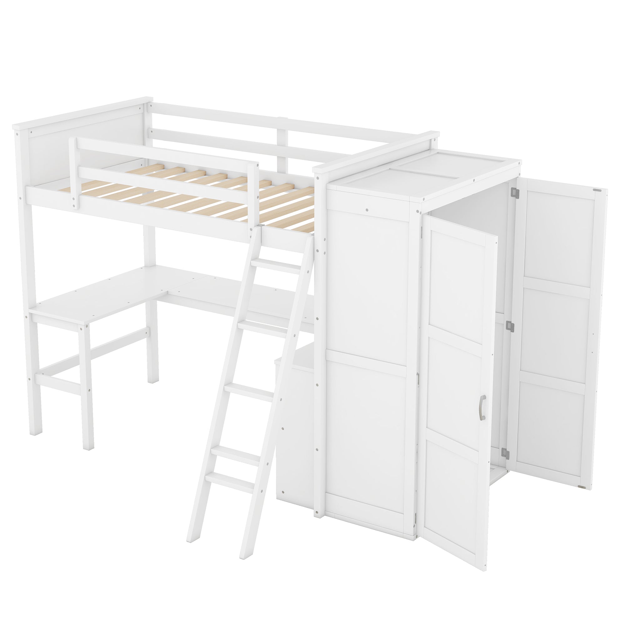 Twin size Loft Bed with Desk, Shelves and Wardrobe-White - Atlantic Fine Furniture Melbourne FL