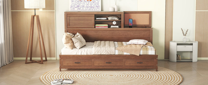 Twin Size Wooden Daybed with 3 Storage Drawers, Upper Soft Board, shelf, and a set of Sockets and USB Ports, Brown