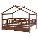 Full Size Wooden House Bed with Two Drawers, Walnut