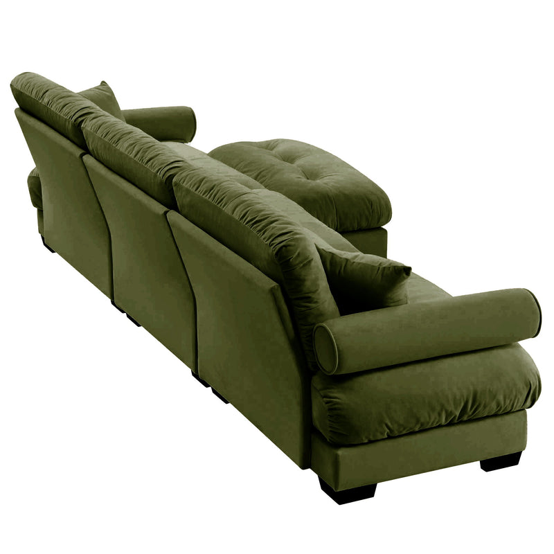 Modern Sectional Sofa With Ottoman, Round Bolster Armrests, Waist And Throw Pillows