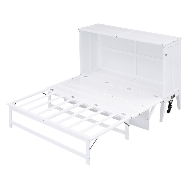 Queen Size Murphy Bed with Built-In Charging Station and a Shelf, White