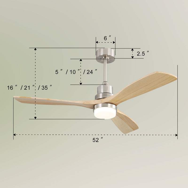 Ceiling Fan With Dimmable LED Light 6 Speed Remote 3 Wood Blade Reversible DC Motor For Bedroom - Brushed Nickel