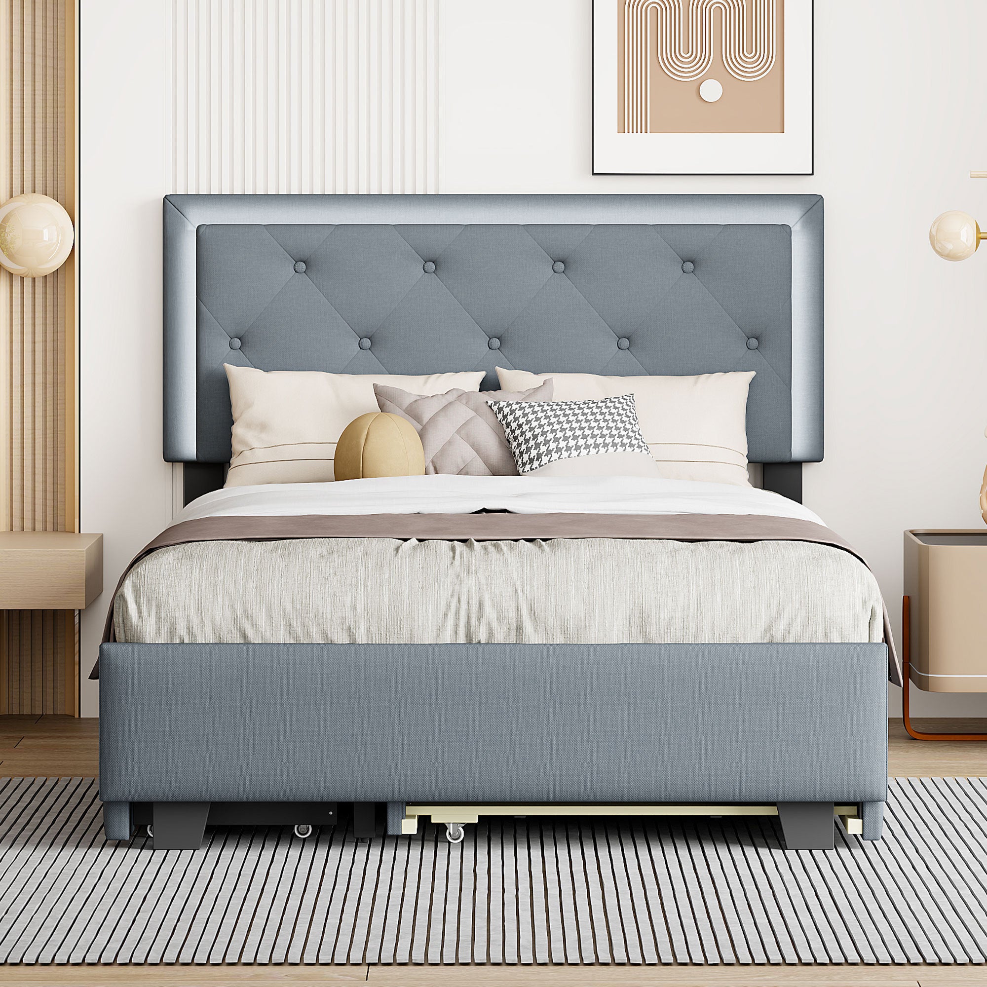 Full Size Velvet Storage Platform Bed, with 2 Big Drawers, T Size Trundle and LED Light, Gray - Atlantic Fine Furniture Melbourne FL