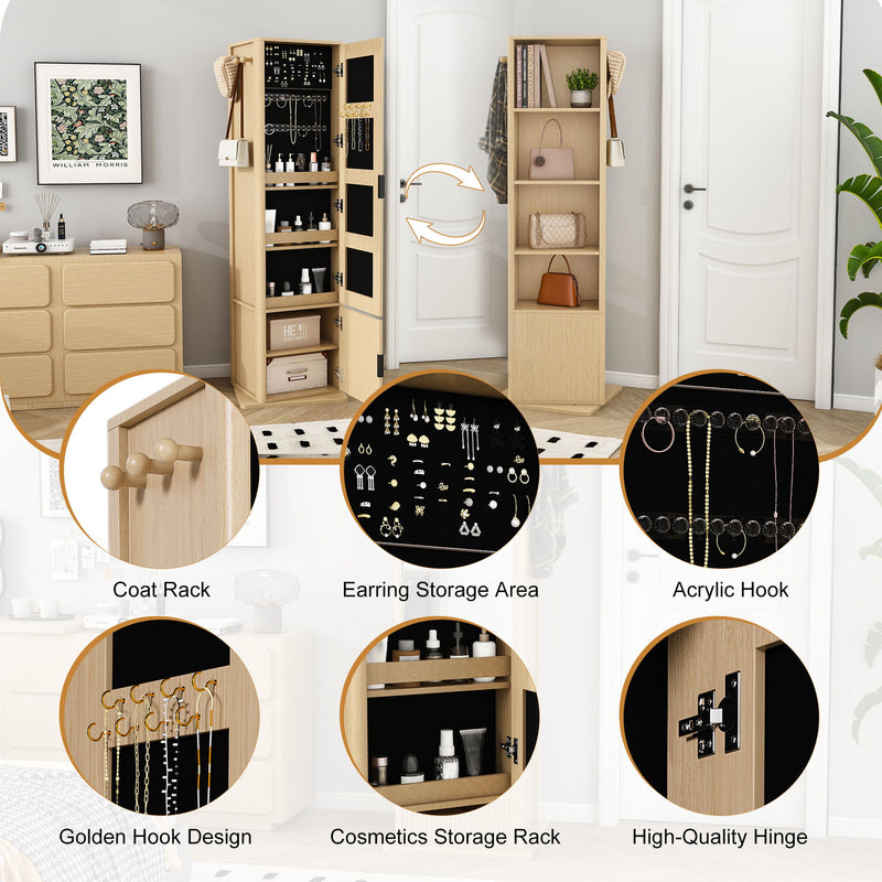 360 Degrees Rotating Makeup Cabinet With Full-Length Mirror, Jewelry Storage
