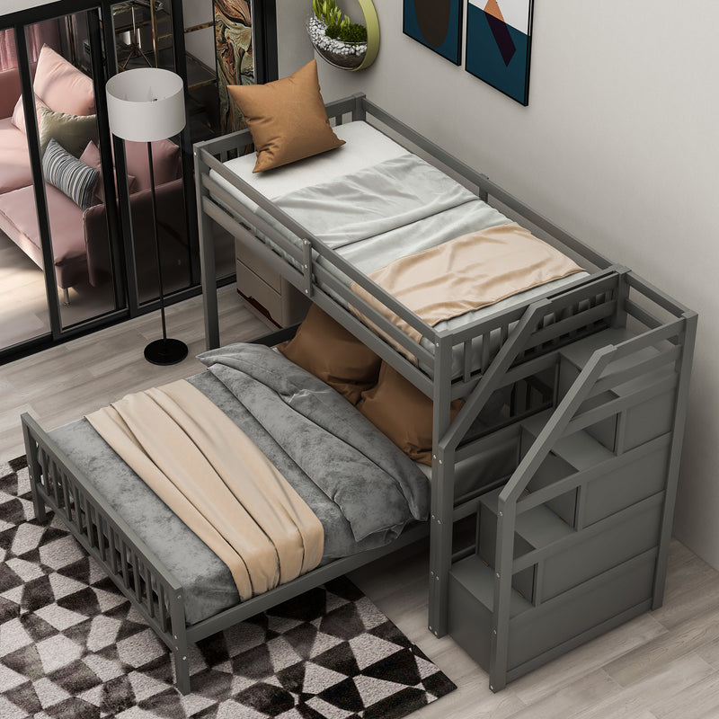 Twin over Full Loft Bed with Staircase,Gray(OLD SKU:SM000107AAE)