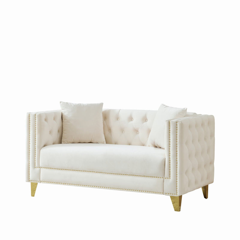 2 Seater Deep Seat Sofa, Sofa With Button Nailhead, Square Arm Couches, Furniture For Living Room - Beige