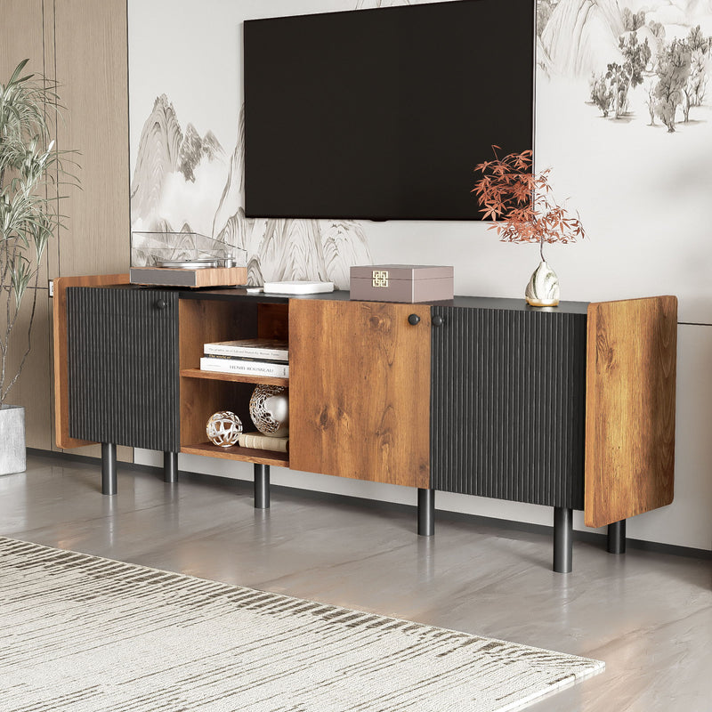 Mid Century TV Stand With 3 Cabinets, Media Console Table For Tvs Up To 70'', Entertainment Center With Storage For Living Room - Black / Brown