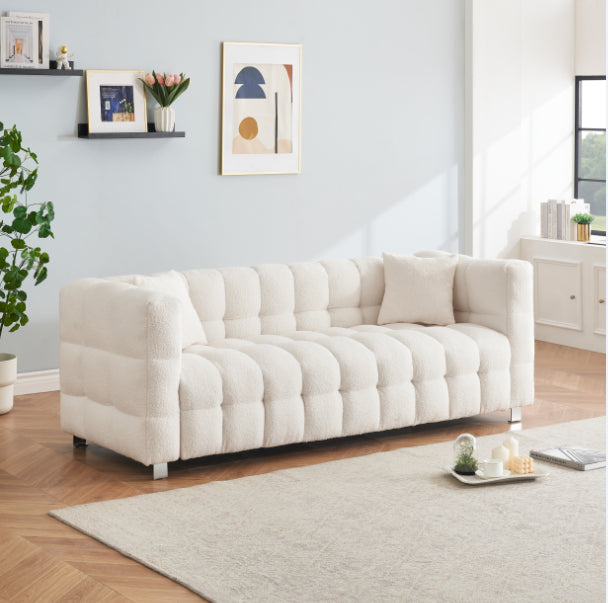 Sophisticated Comfort: Beige White Teddy Plush Sofa - 80 Inch, Perfect for Living Room or Bedroom, Includes Two Throw Pillows and Heavy-Duty Hardware Foot Support