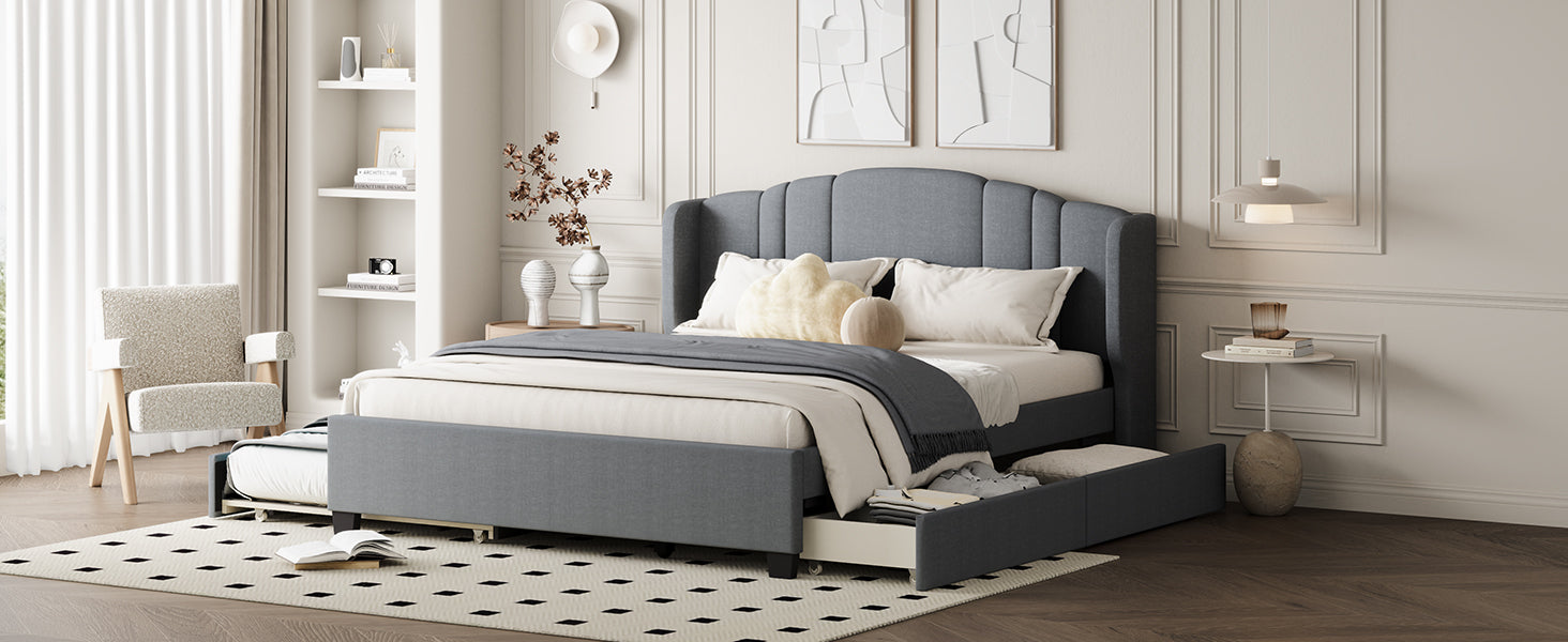 Upholstered Platform Bed with Wingback Headboard, One Twin Trundle and 2 Drawers, No Box Spring Needed, Linen Fabric, Queen Size Gray - Atlantic Fine Furniture Melbourne FL