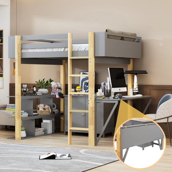 Twin Size Wood Loft Bed With Built-in Storage Cabinet and Cubes, Foldable desk, Gray