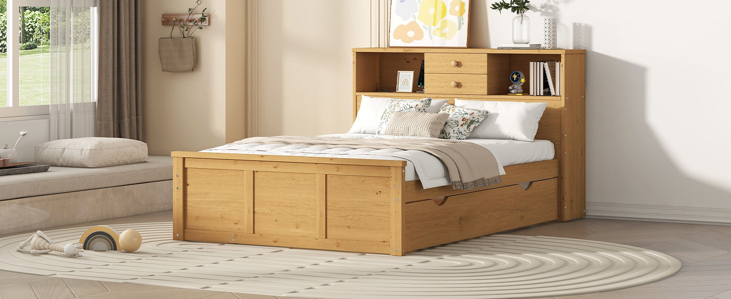 Full Size Wood Pltaform Bed with Twin Size Trundle, 3 Drawers, Upper Shelves and a set of USB Ports & Sockets, Natural - Atlantic Fine Furniture Melbourne FL