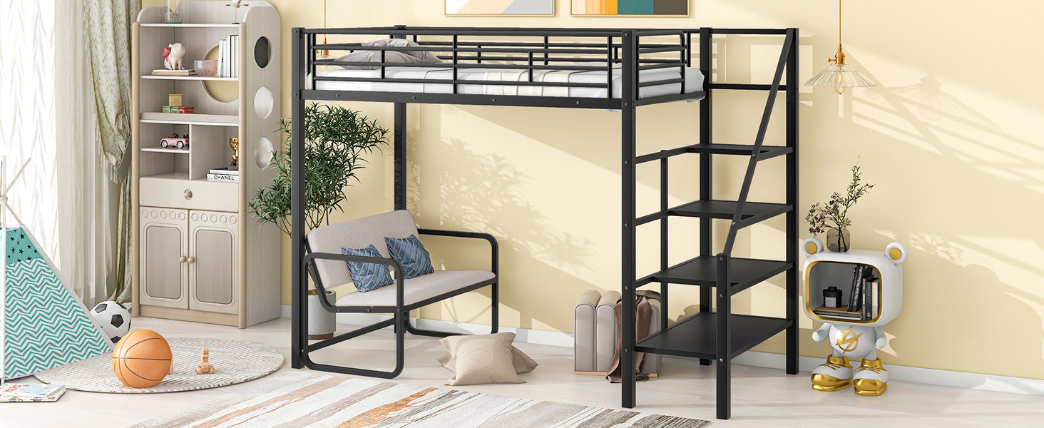 Twin Size Metal Loft Bed with Bench and Storage Staircase, Black - Atlantic Fine Furniture Melbourne FL
