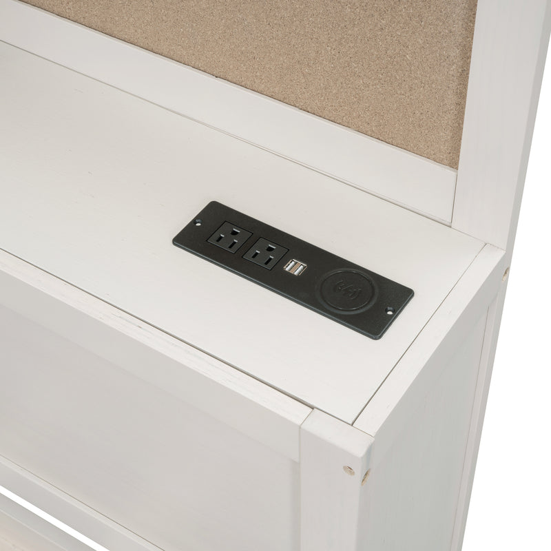 Full Size Wooden Daybed with 3 Storage Drawers, Upper Soft Board, shelf, and a set of Sockets and USB Ports, White