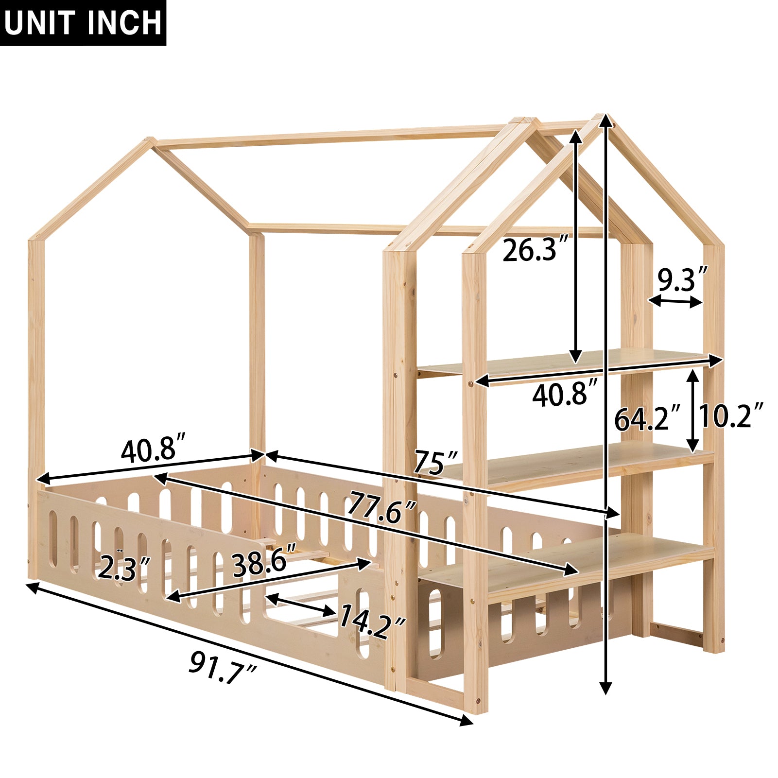 Twin Size Wood House Bed with Fence and Detachable Storage Shelves, Natural - Atlantic Fine Furniture Melbourne FL