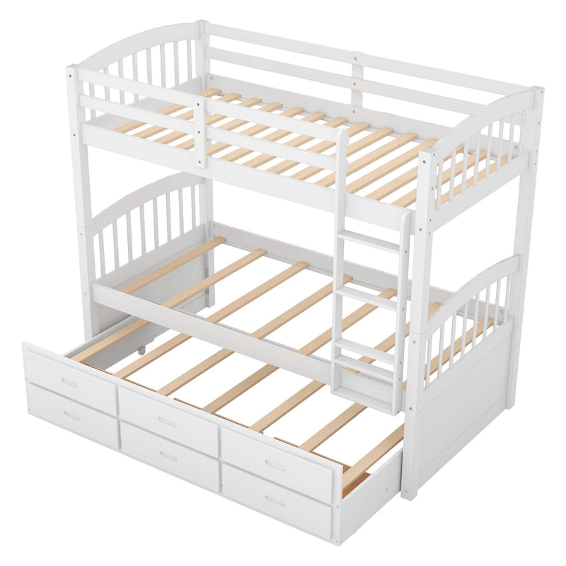 Bunk Bed With Trundle And Drawers, Arched Headboard And Footboard