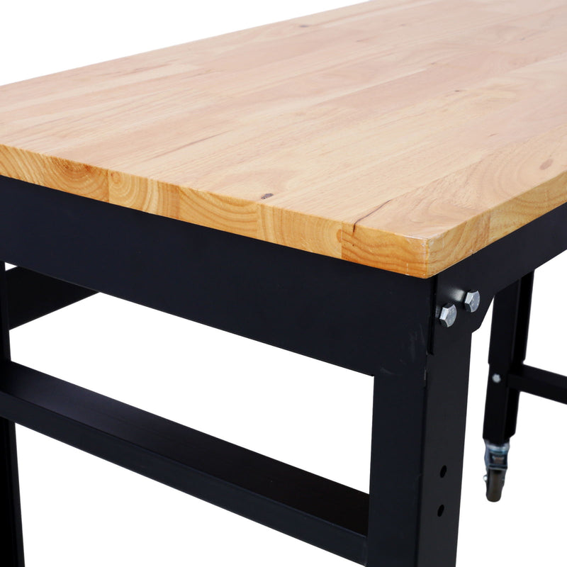 Wide Rolling Workbench For Garage, Adjustable Height, Workshop Tool Bench, Metal With Rubber Wood Top