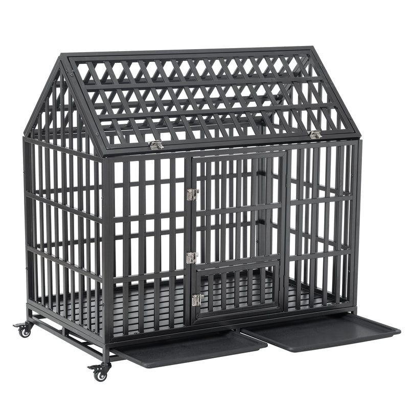 Heavy Duty Dog Cage Pet Crate With Roof & Window On Roof - Black