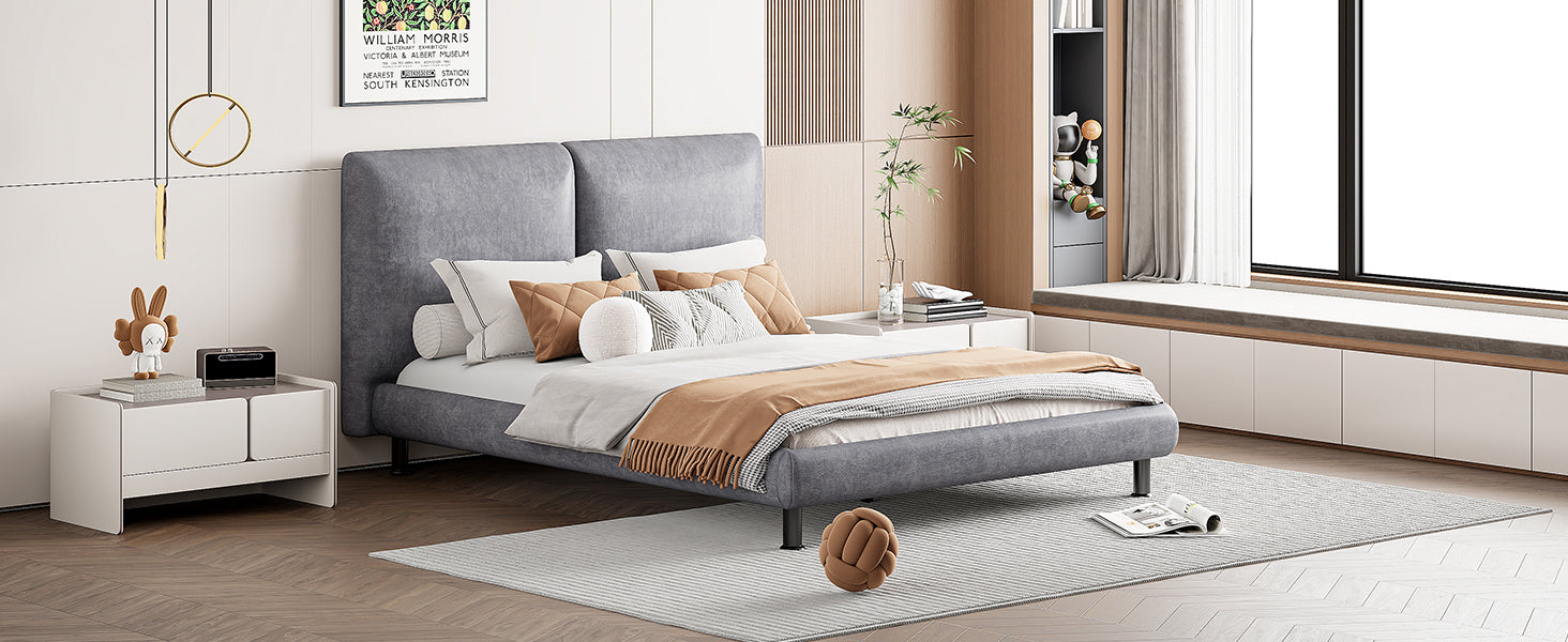 Queen Size Upholstered Platform Bed with Two Large Headrests and Thick Fabric, Polyester, Gray - Atlantic Fine Furniture Melbourne FL