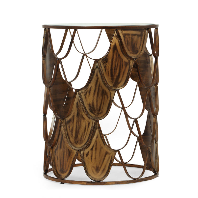 Boho Glam Pino Side Table With Fish Scale Design Tempered Glass Top - Brown