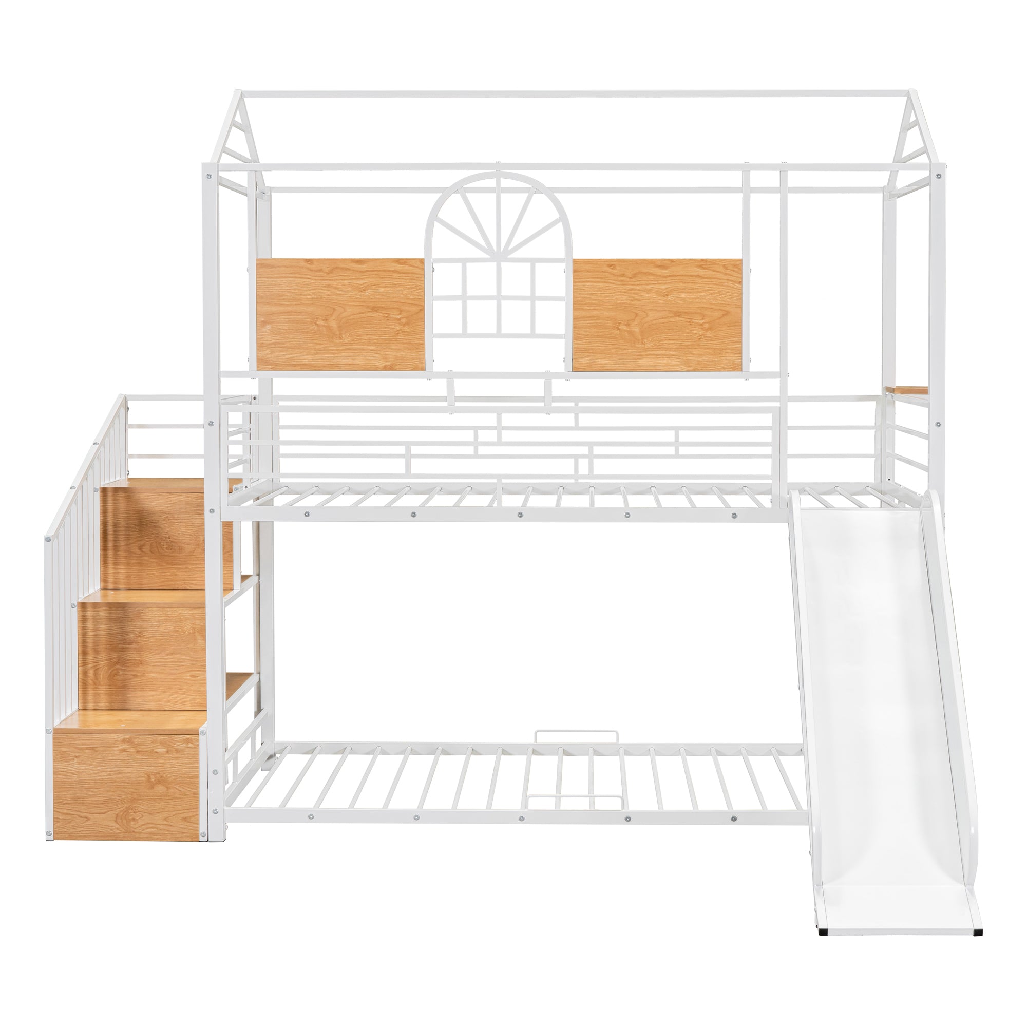Twin Over Twin Metal Bunk Bed, Metal Housebed with Slide and Storage Stair, White with White Slide - Atlantic Fine Furniture Melbourne FL