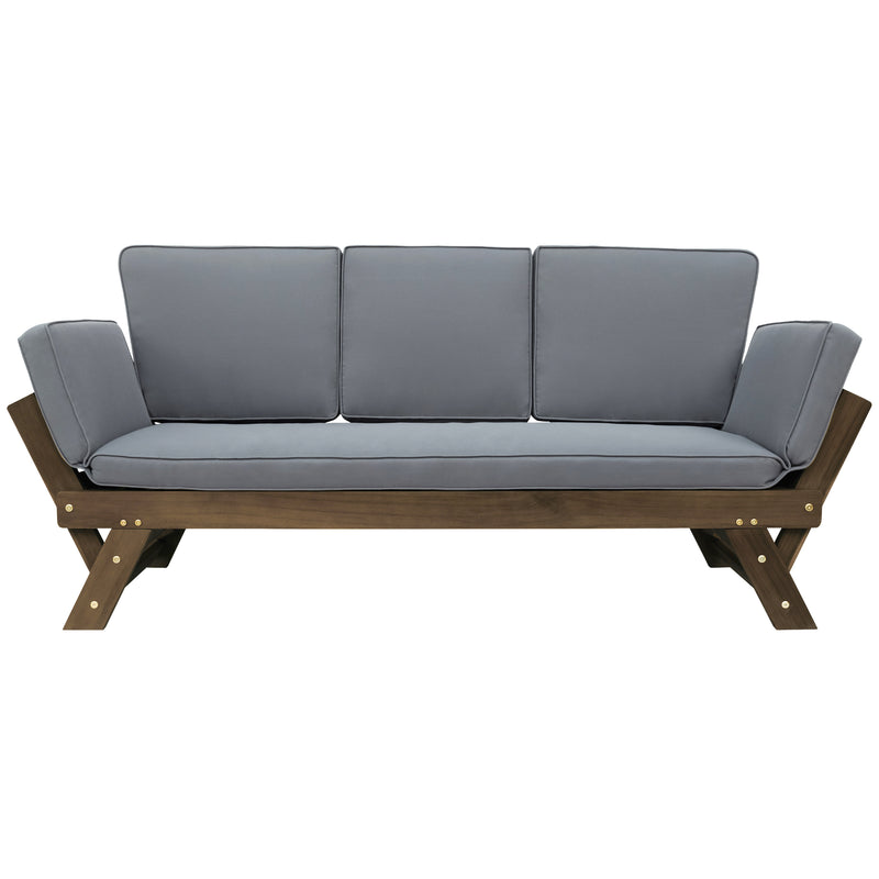 TOPMAX Outdoor Adjustable Patio Wooden Daybed Sofa Chaise Lounge with Cushions for Small Places, Brown Finish+Gray Cushion