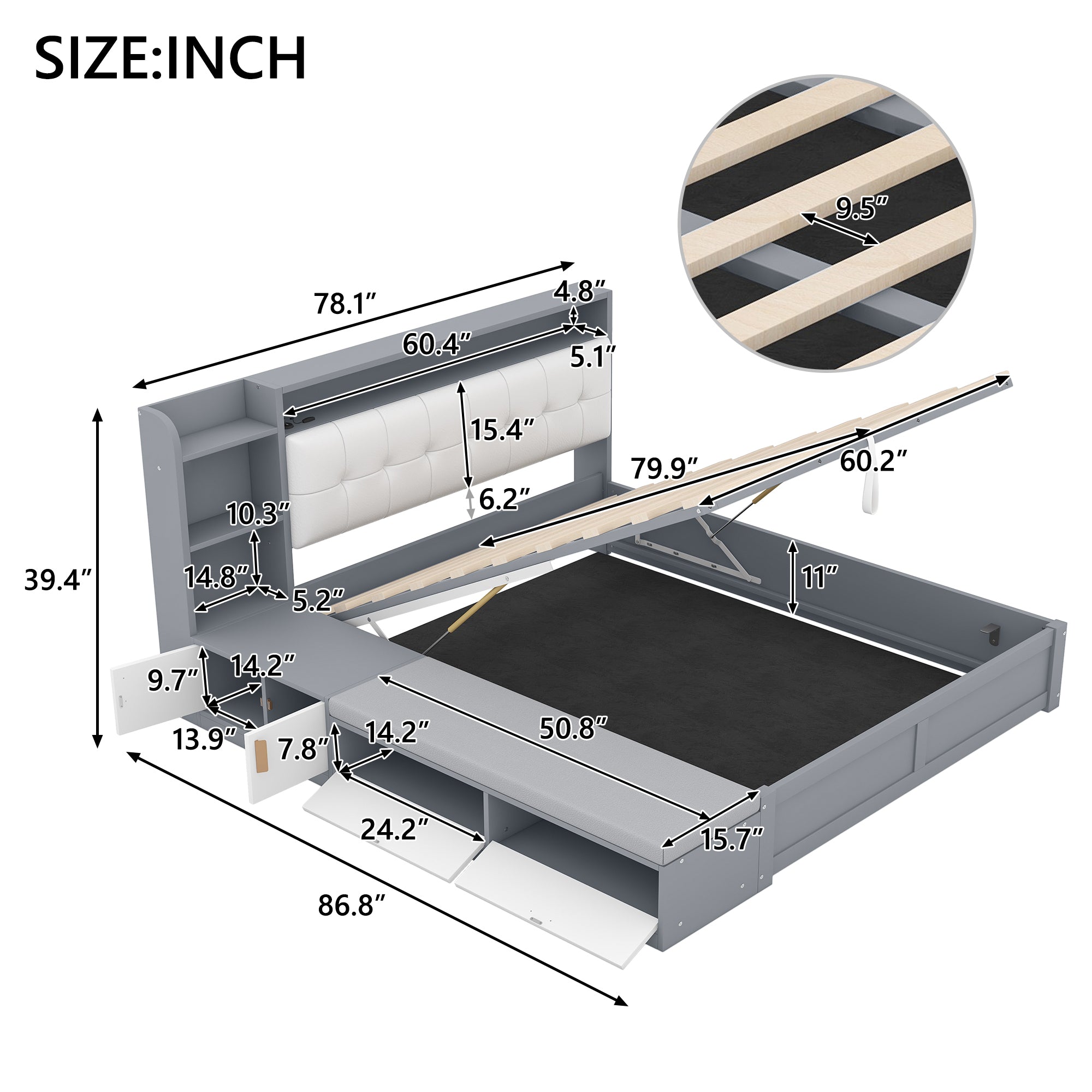 Queen Size Platform Bed Frame with Upholstery Headboard and Storage Shelves and,USB Charging,Gray - Atlantic Fine Furniture Melbourne FL