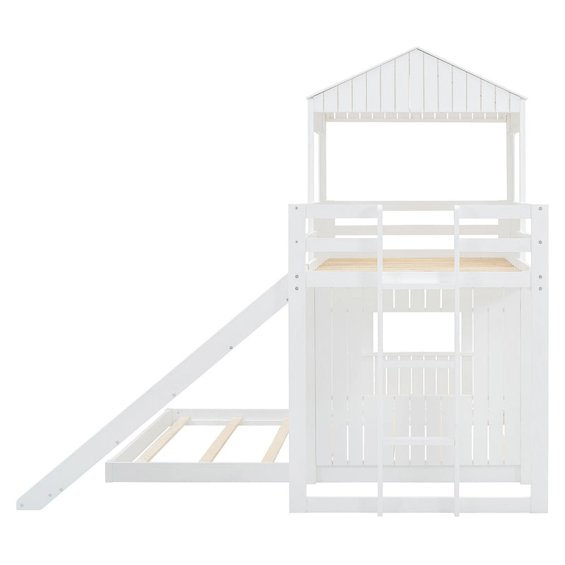 Wooden Twin Over Full Bunk Bed, Loft Bed With Playhouse, Farmhouse, Ladder, Slide And Guardrails - White