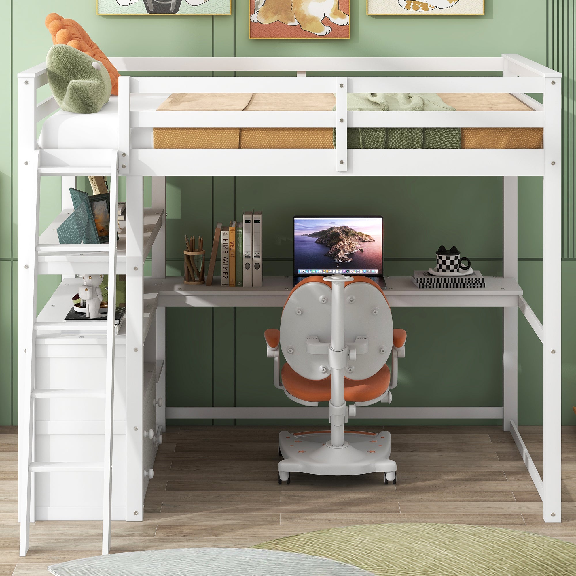 Full Size Loft Bed with Desk and Shelves,Two Built-in Drawers,White(Old SKU: SM000416AAK)