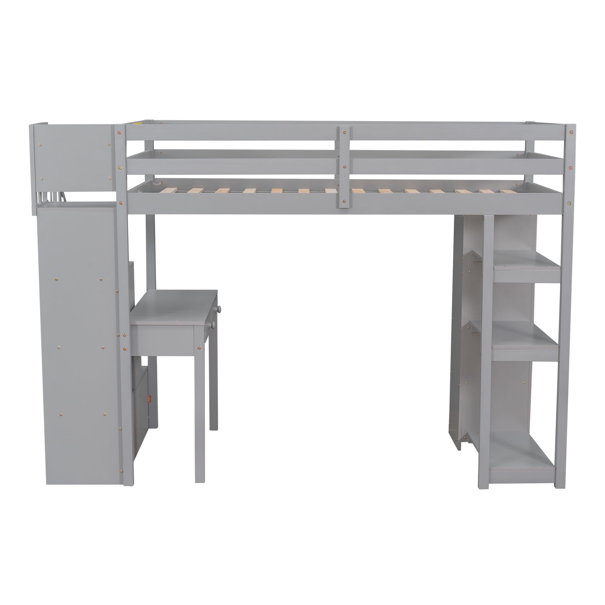 Twin size Loft Bed with Storage Drawers ,Desk and Stairs, Wooden Loft Bed with Shelves - Gray - Atlantic Fine Furniture Melbourne FL