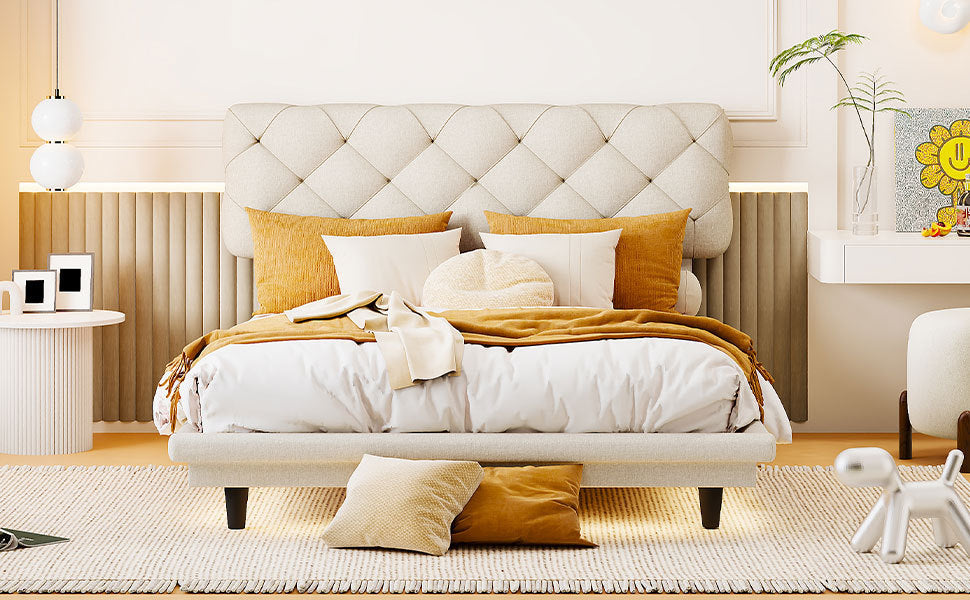 Full Size Upholstered Bed with Light Stripe, Floating Platform Bed, Linen Fabric,Beige - Atlantic Fine Furniture Melbourne FL