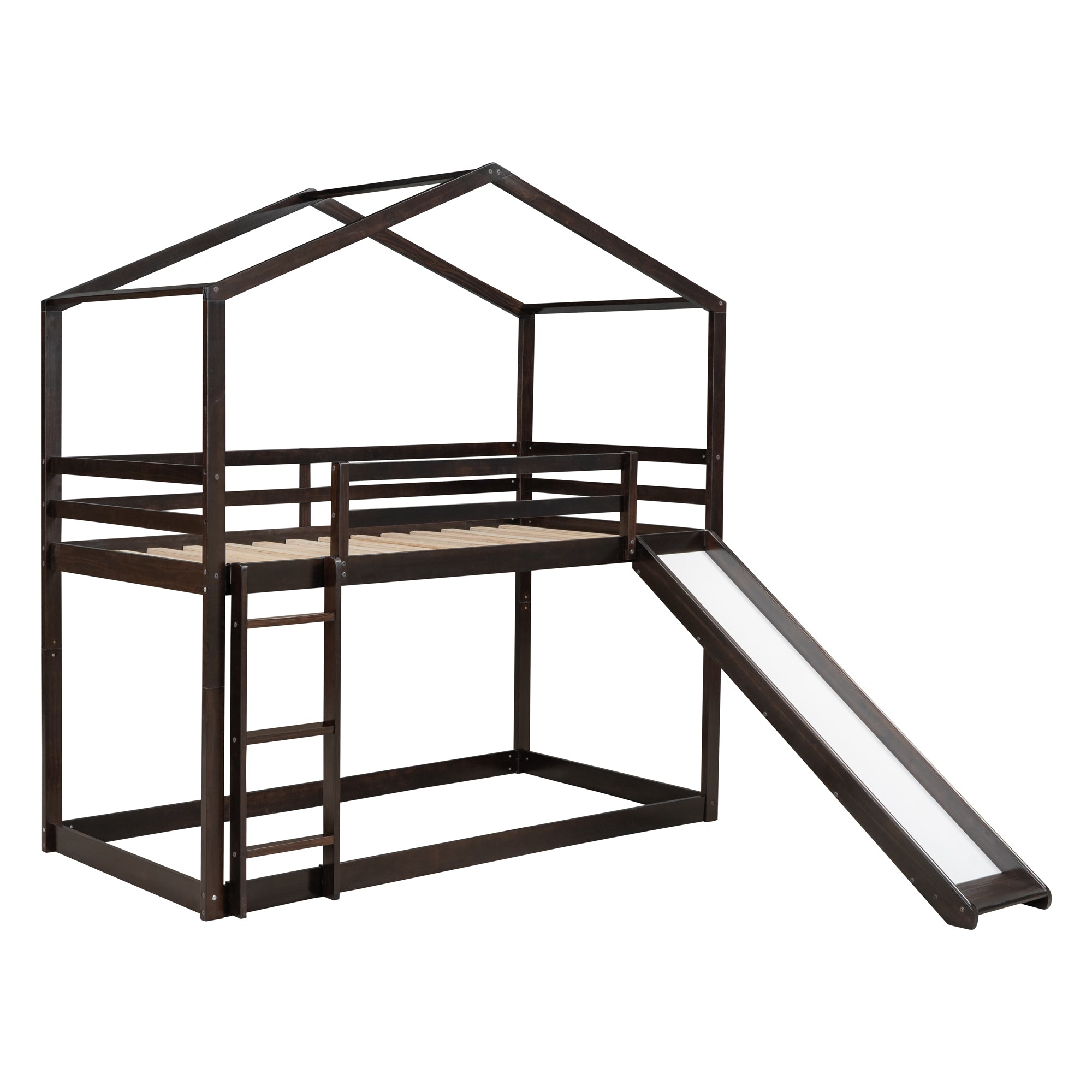 Twin Over Twin Bunk Bed with Roof, Slide and Ladder, Espresso - Atlantic Fine Furniture Melbourne FL