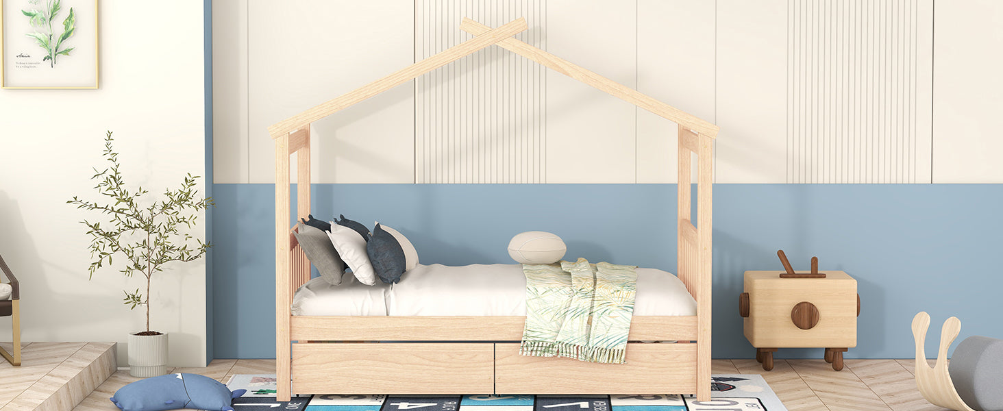 Twin Size Wooden House Bed with Drawers, Natural - Atlantic Fine Furniture Melbourne FL