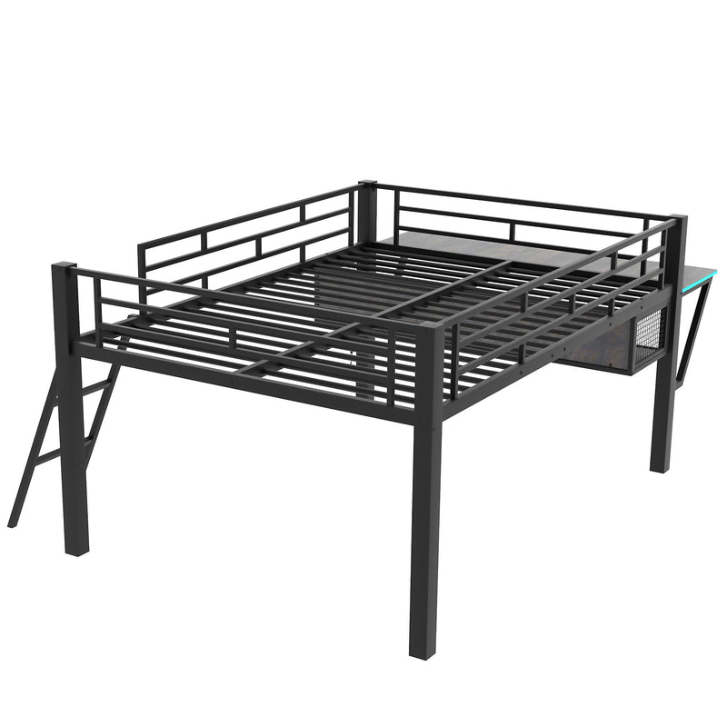 Modern Gaming Mid Loft Bed With Desk And LED Lights