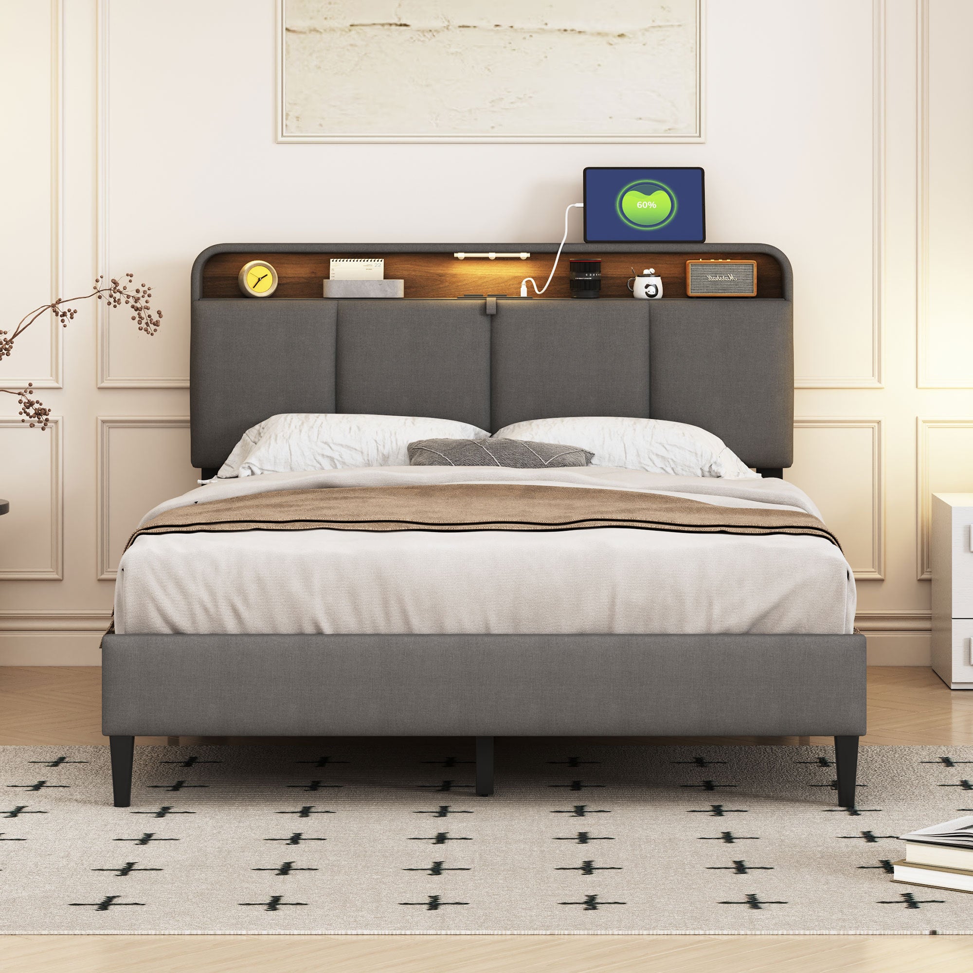 Full size Upholstered Platform Bed with Storage Headboard, Sensor Light and a set of Sockets and USB Ports, Linen Fabric, Gray - Atlantic Fine Furniture Melbourne FL