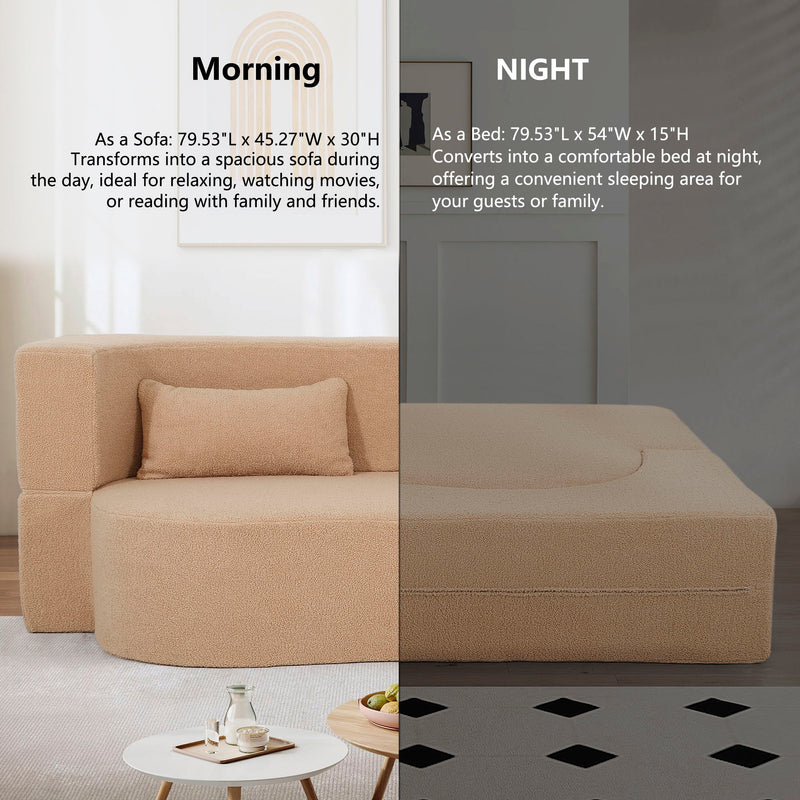 2 In 1 Convertible Full Size Folding Loveseat Couch With Soft Teddy Fabric