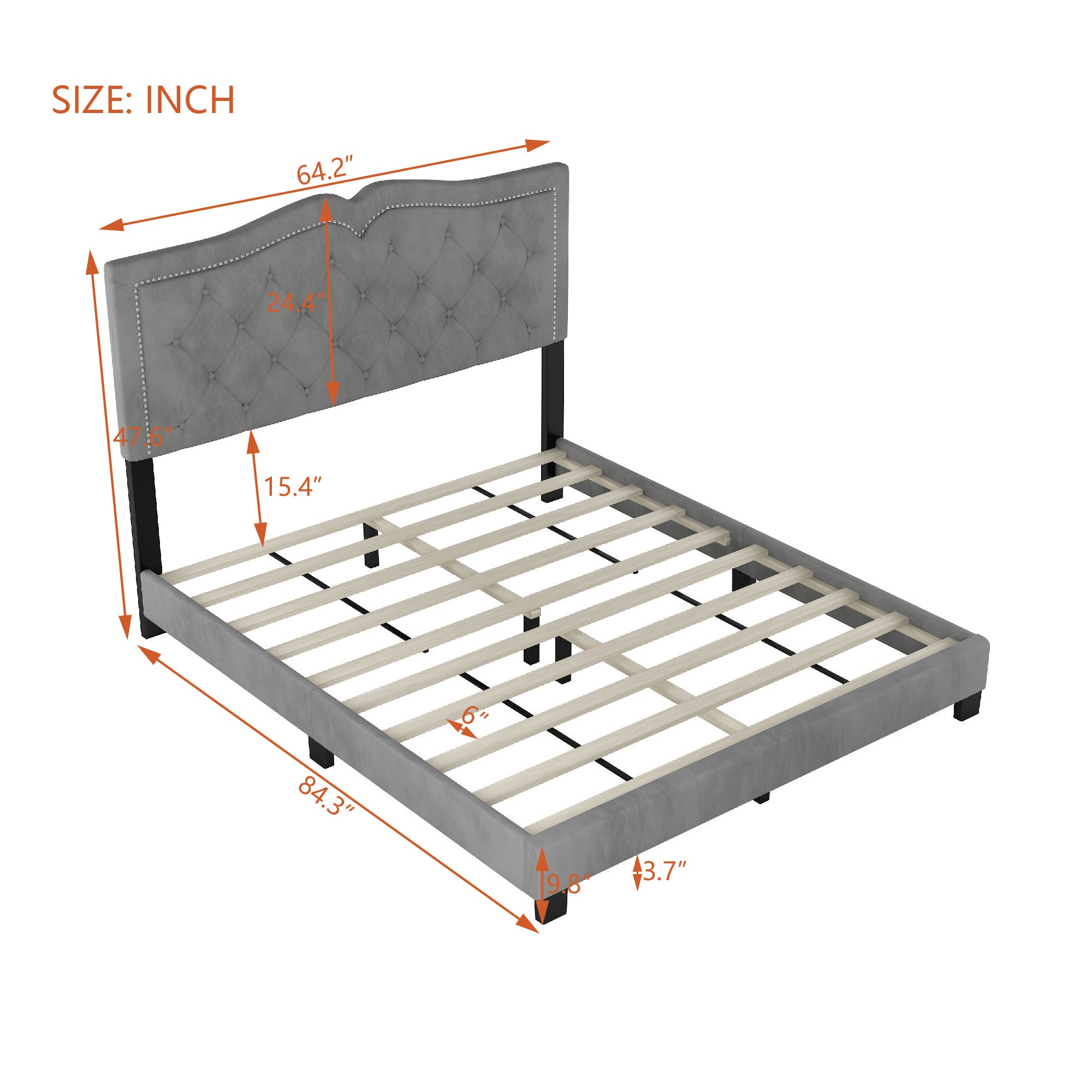 Queen Size Upholstered Bed Frame with Rivet Design, Modern Velvet Platform Bed with Tufted Headboard,Gray - Atlantic Fine Furniture Melbourne FL
