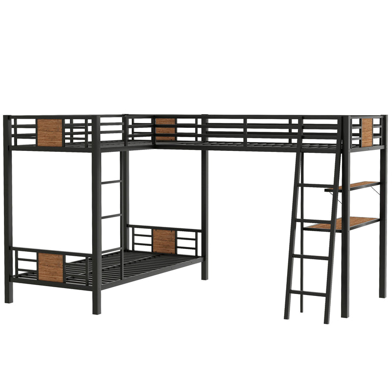 L-Shaped Twin Over Twin Bunk Bed With Twin Size Loft Bed With Desk And Shelf - Brown