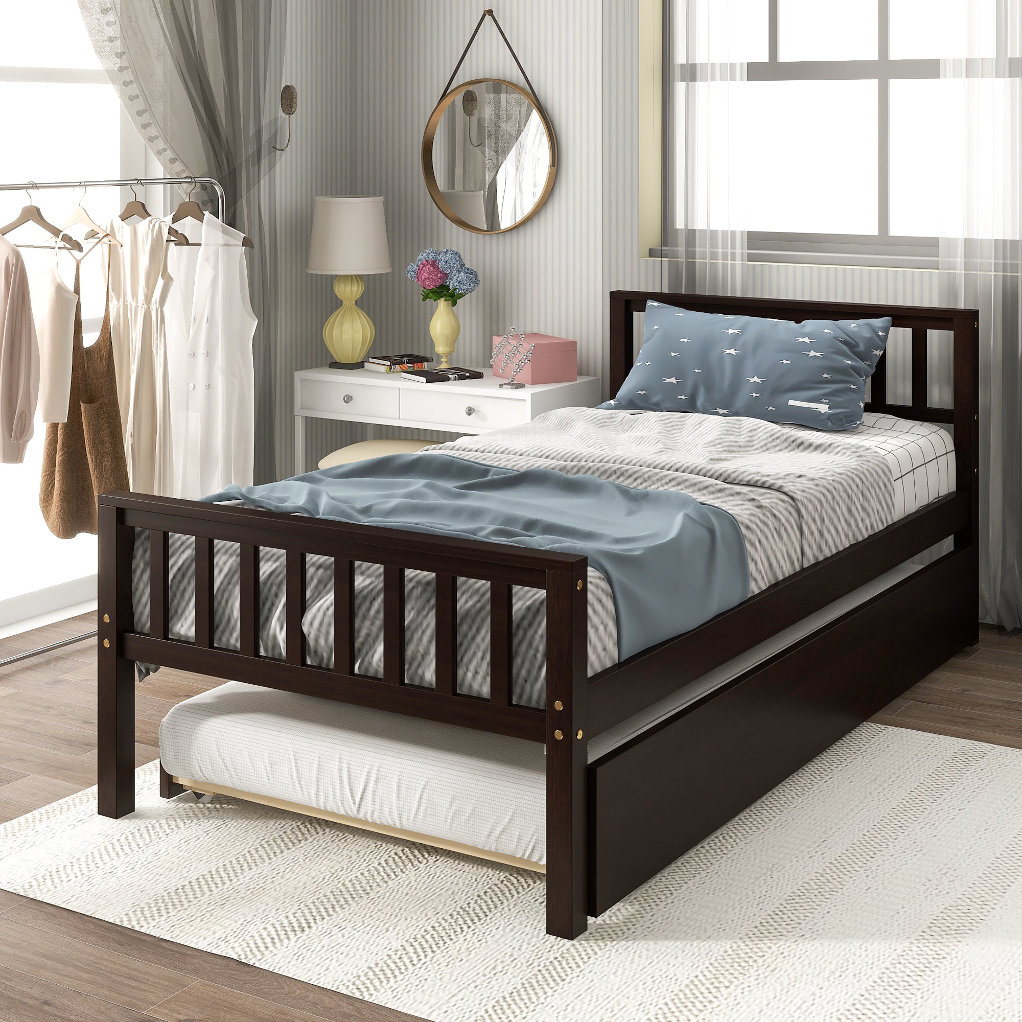 Twin Bed with Trundle, Platform Bed Frame with Headboard and Footboard, for Bedroom Small Living Space,No Box Spring Needed,Espresso(Old SKU:W50440557) - Atlantic Fine Furniture Melbourne FL