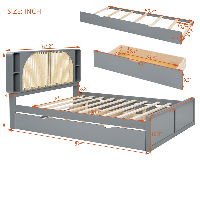 Rattan Headboard Bed With Two Drawers And Trundle