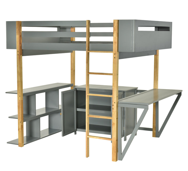 Twin Size Wood Loft Bed With Built-in Storage Cabinet and Cubes, Foldable desk, Gray