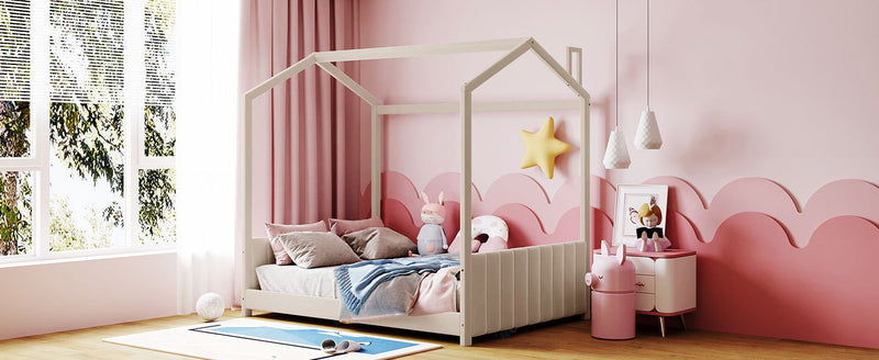 Full Size Velvet House Bed Wood Bed, Beige