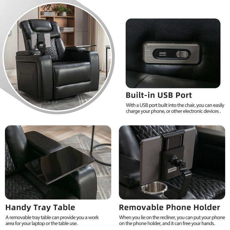 270° Swivel Power Recliner Individual Seat Home Theater Recliner With Comforable Backrest, Tray Table, Phone Holder, Cup Holder, USB Port, Hidden Arm Storage For Living Room