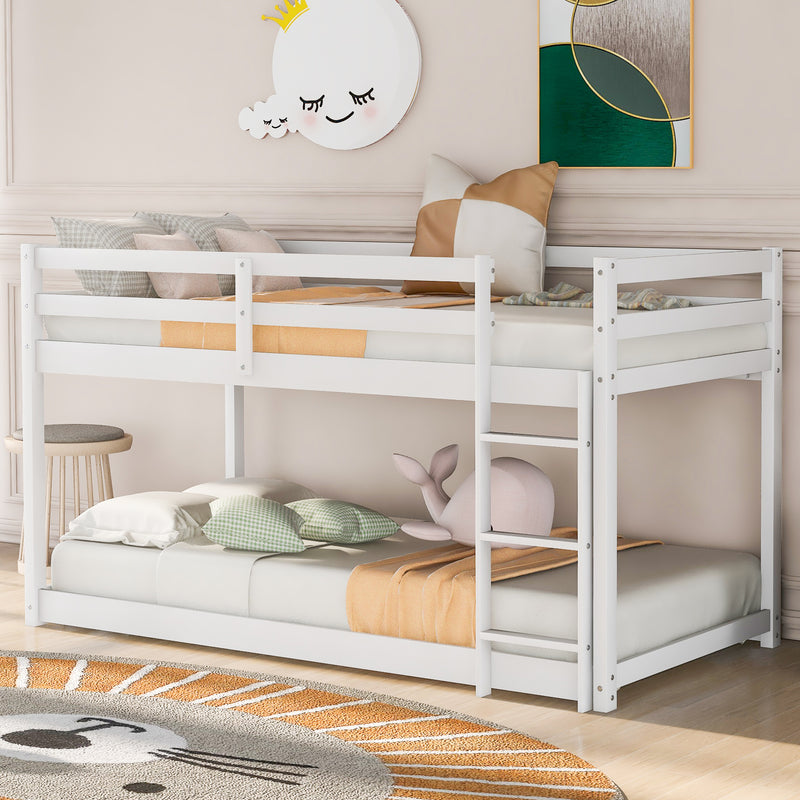 Twin over Twin Floor Bunk Bed with Ladder , White(Old SKU:WF281727AAK/WF286602AAK)