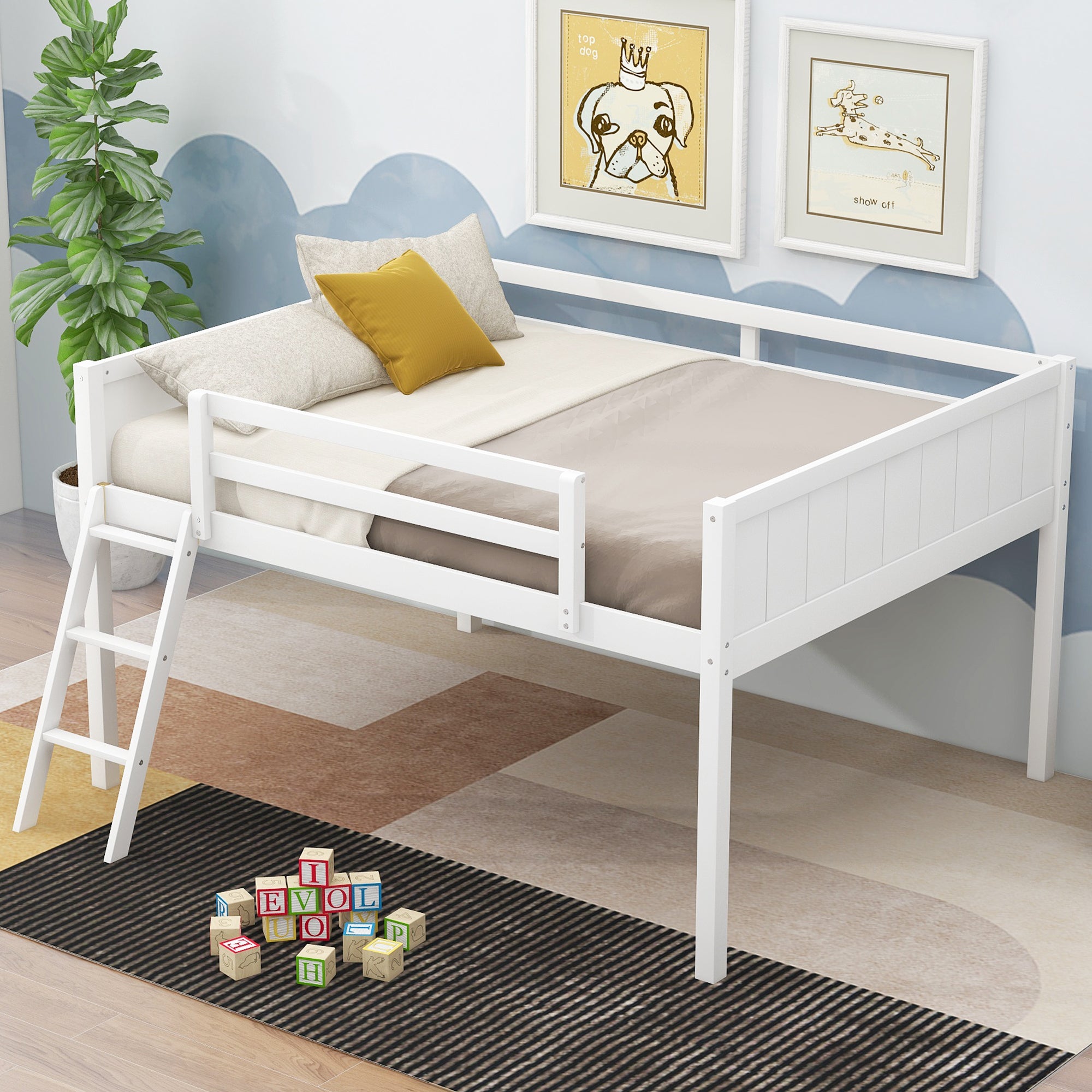 Full Size Wood Loft Bed with Ladder, ladder can be placed on the left or right, White - Atlantic Fine Furniture Melbourne FL