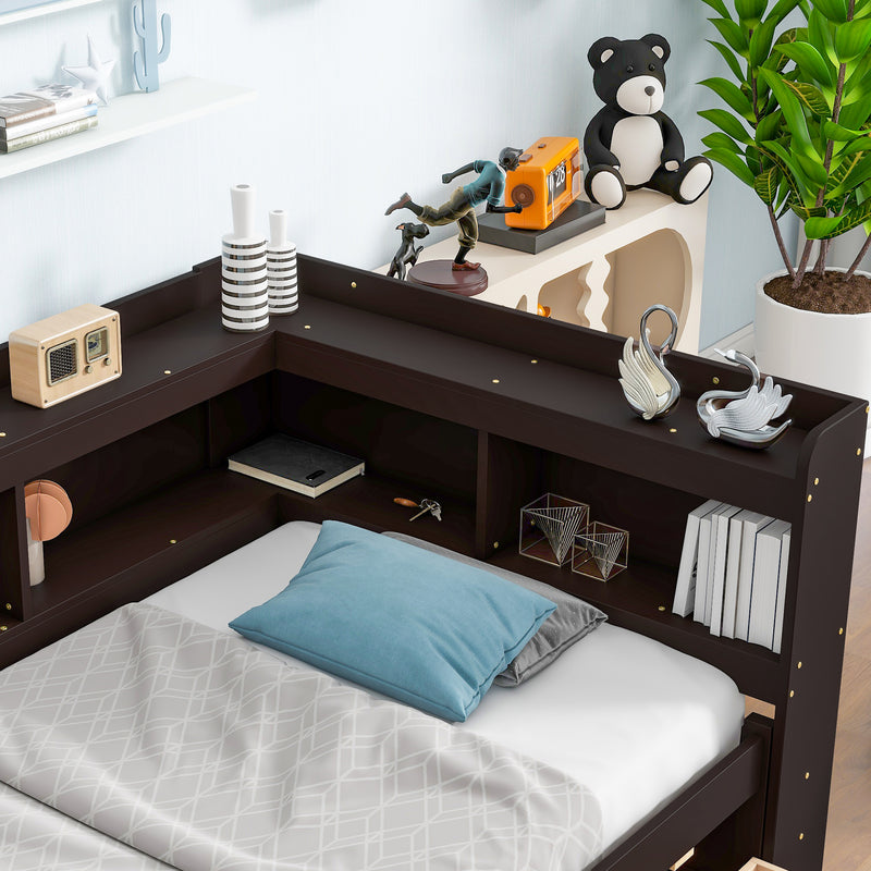 Twin Bed with L-shaped Bookcases,Drawers,Espresso