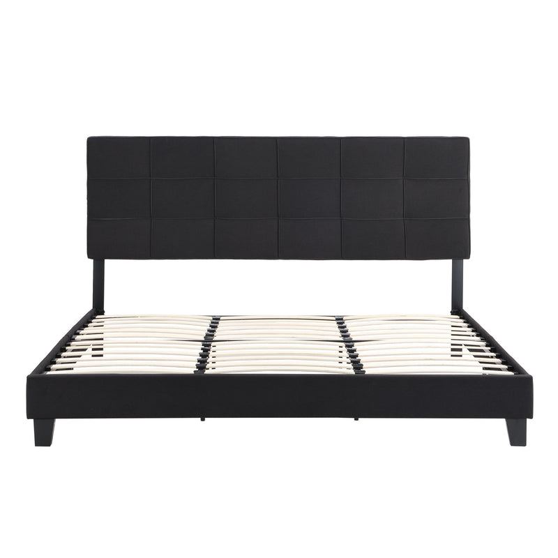 King Size Upholstered Platform Bed Frame With Linen Fabric Headboard, Wood Slat Support - Black