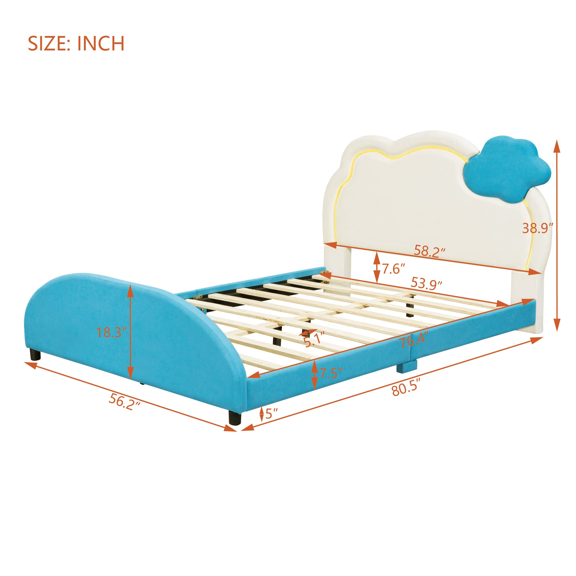 Full Size Upholstered Platform Bed with Cloud-Shaped Headboard and Embedded Light Stripe, Velvet, Blue - Atlantic Fine Furniture Melbourne FL